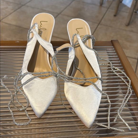 Lulus Finnian White Satin Rhinestone Lace-Up Pointed-Toe Pumps - Picture 5 of 9